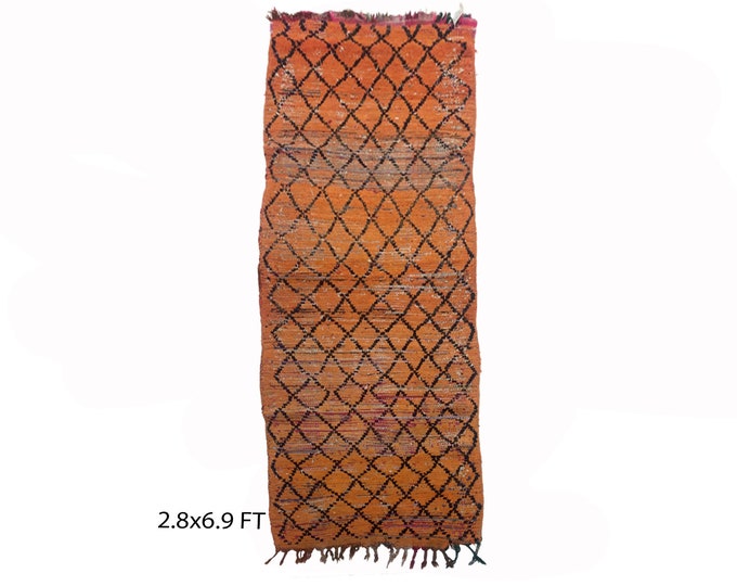Handwoven Vintage Moroccan 7x3 Runner Rug, Diamond Faded Orange Rug Runner.