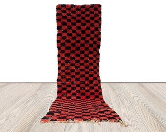 3x10 ft Checkered wool Rug, Moroccan Vintage Berber long runner narrow Rug.