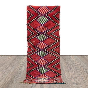 9x3 Moroccan vintage Red runner Rugs, Berber Colorful handwoven Rugs.