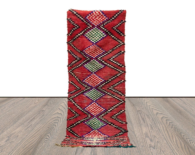 9x3 Moroccan vintage Red runner Rugs, Berber Colorful handwoven Rugs.