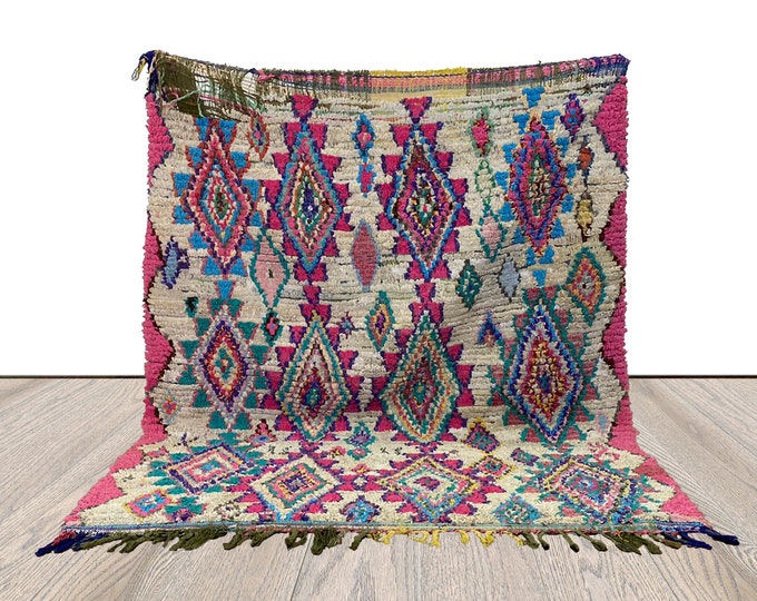 4x5 ft moroccan boucherouite unique rug, berber vintage colorful area rug.