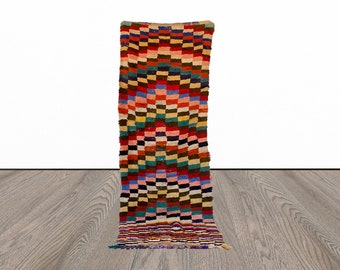 Vintage Checker runner Rug, 3x9 Moroccan Berber runners Rug.