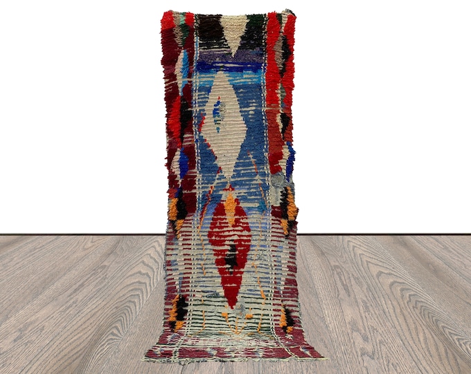 3x9 Berber Vintage Handwoven long runner Rug, Moroccan Old Rug.