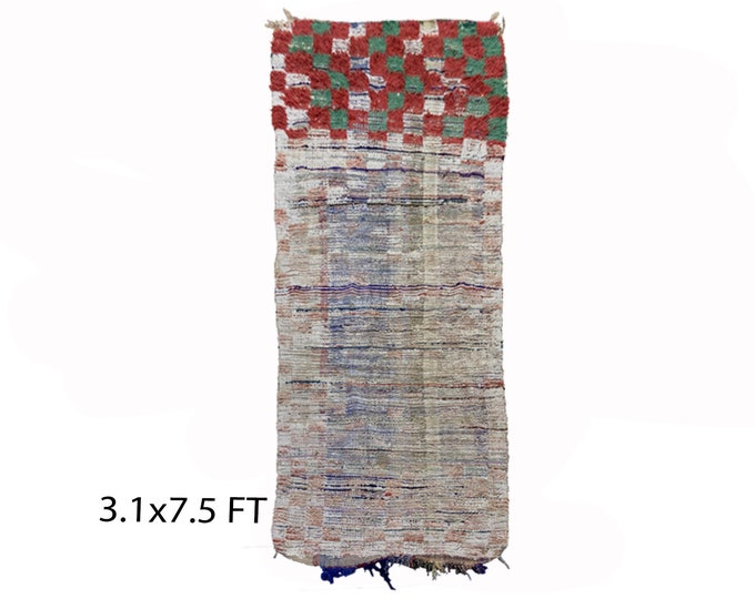 Checkered vintage runner rug 3x7.5, Moroccan Berber rug runner.