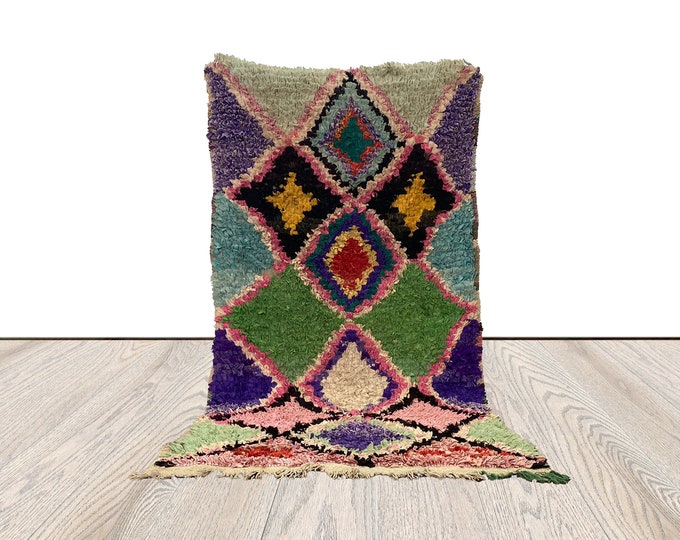 3x7 Colorful Boucherouite runner rug, Vintage tribal Boho runners, Moroccan Berber old woven rugs.