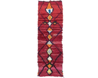 ヴィンテージ モロッコ ランナーラグ：7x2 レッドダイヤモンドラグ