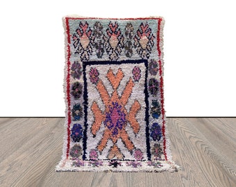 3 by 6 Moroccan Boucherouite Vintage area Rug, Berber Bohemian Handwoven Rug.