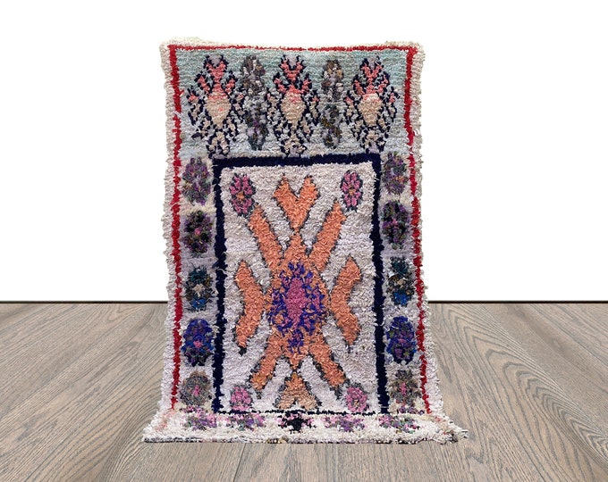 3 by 6 Moroccan Boucherouite Vintage area Rug, Berber Bohemian Handwoven Rug.