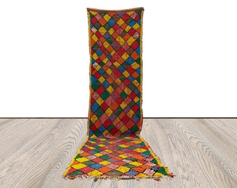 tribal berber diamond vintage colorful narrow rug, 2 x 12 ft,  moroccan long runner.