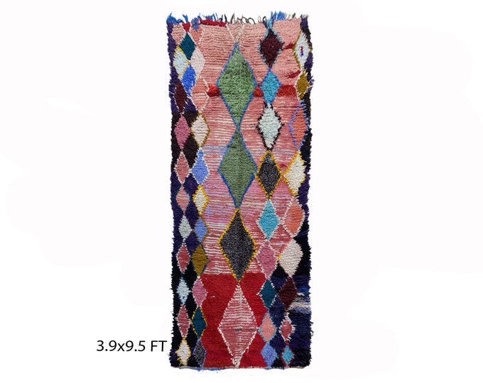 Morocco vintage old 4x9.5 rugs, large colorful diamond area Rug.