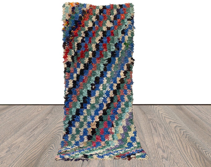 Boucherouite Vintage checker runner Rug, 3x8 Moroccan Berber hand woven Rug.