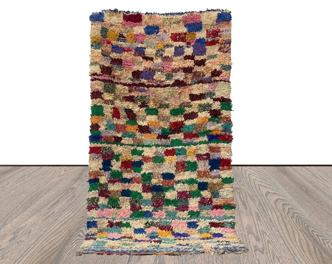 Boucherouite Vintage Rug, 3x7 Moroccan woven checkered shag Rug.