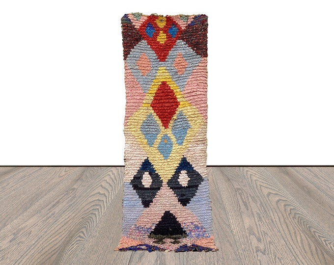 2x7 Narrow Boucherouite vintage runner Rugs, Moroccan Berber Diamond Colored Rug.