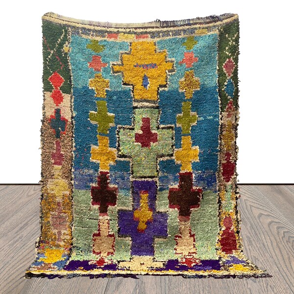 Moroccan Boucherouite Vintage woven colored Rug, 5 By 7 Large area Rugs.