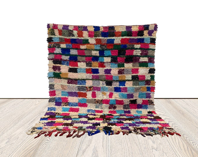 4 x 5 feet, Moroccan Boucherouite colorful Rug, Vintage Berber streped area Rug.