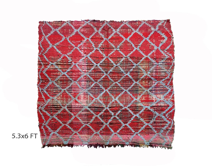 Moroccan grid red area rug 5x6, Vintage Berber red rugs.