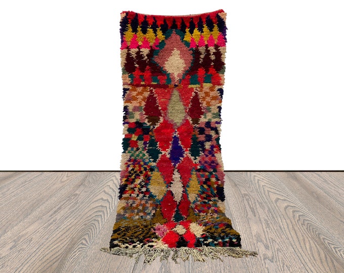 3x8 feet Moroccan Colorful runner Shag Rugs, Berber vintage Diamond narrow Rug.