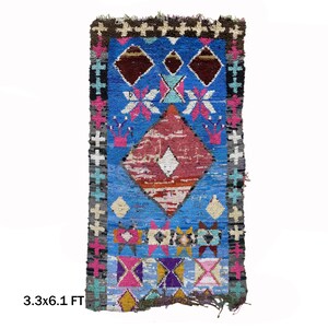 Boucherouite Vintage Moroccan Rug 3x6 , Colorful Diamond Area Rug.
