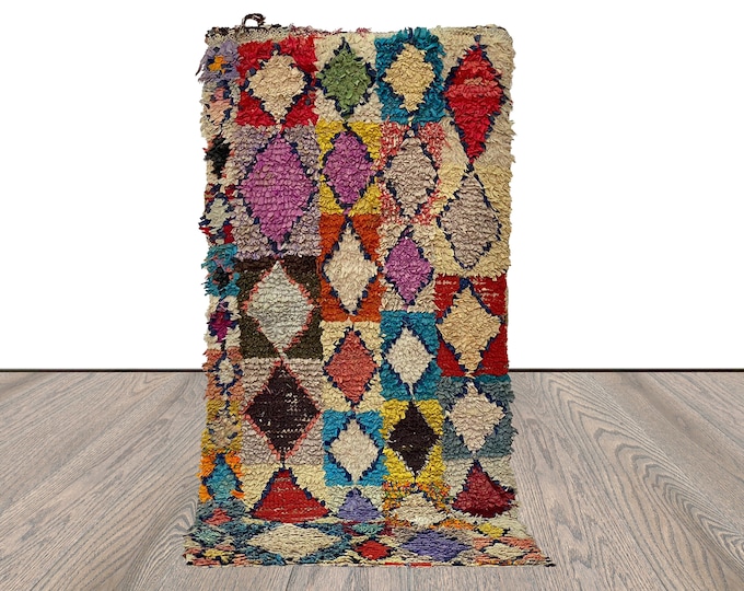 2x6 Moroccan Boucherouite Vintage narrow runner Rug. Diamond colorful rugs