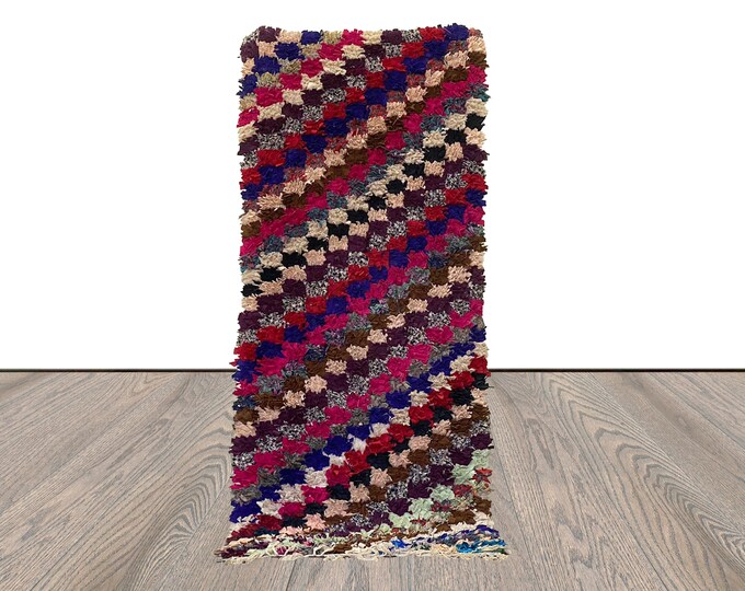 3x7 Checkered Striped narrow runner Rug, Moroccan woven Berber Old Rugs.