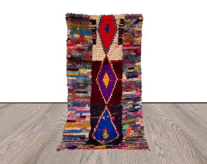vintage Moroccan small Berber runner rug, 3x6 handwoven striped and diamond colored old rugs.