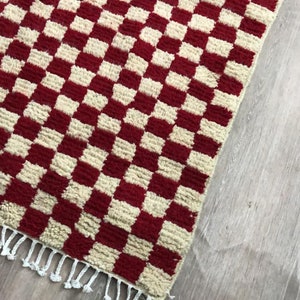 Red and white checkered rug, large moroccan berber checker area rug, morocco checkerboard rug, modern kitchen rug. image 4
