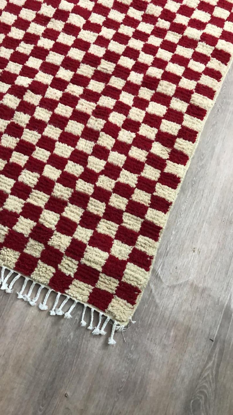 Red and white checkered rug, large moroccan berber checker area rug, morocco checkerboard rug, modern kitchen rug. image 4