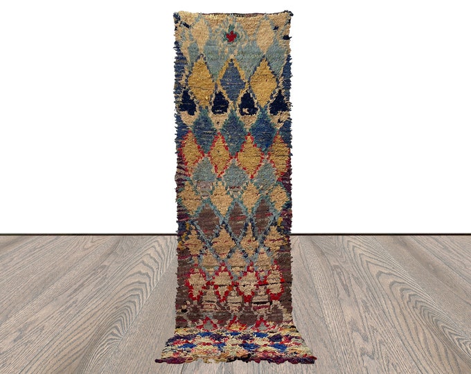 Berber Boucherouite narrow runner Rugs, 3x10 Moroccan Vintage colorful Rug.