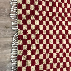 Red and white checkered rug, large moroccan berber checker area rug, morocco checkerboard rug, modern kitchen rug. image 8