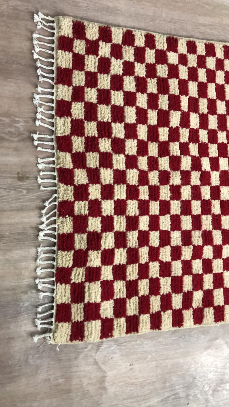 Red and white checkered rug, large moroccan berber checker area rug, morocco checkerboard rug, modern kitchen rug. image 8