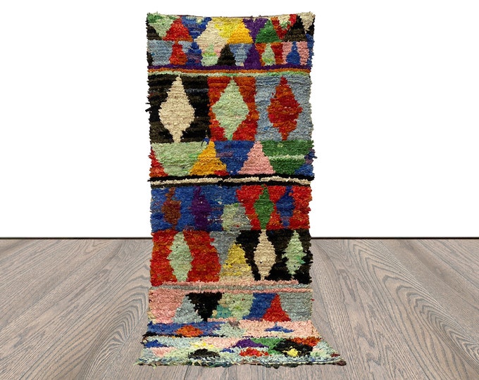 4x9 Boucherouite vintage Large Moroccan Rug, Berber colored used area Rugs.