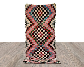 Checkerboard Chevron Moroccan long runner Rugs. 4x10 Colorful woven Vintage Berber Rug.