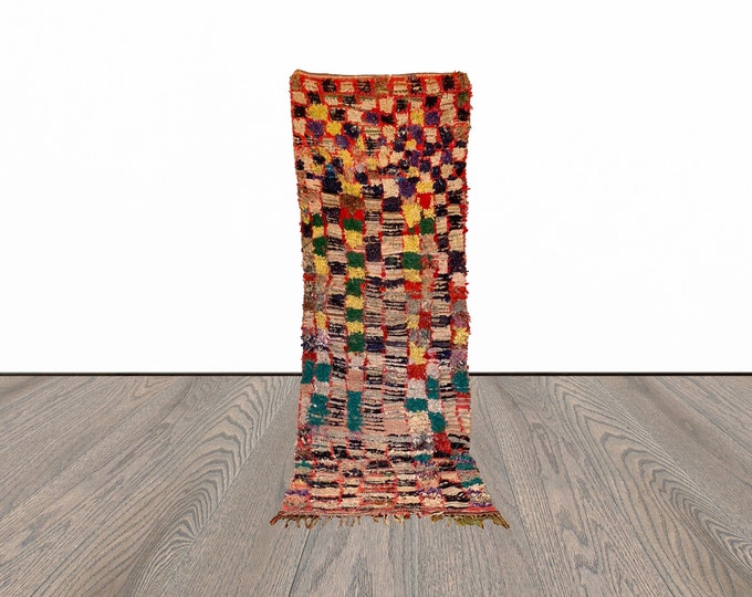 Berber Boucherouite Grid Shag Colorful Rug 3x9. Vintage Moroccan runner Rug.