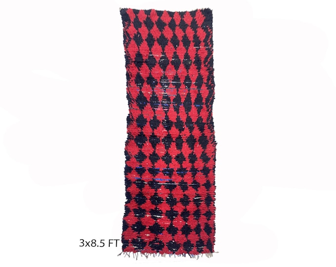 Modern Decor Black and Red 3x8.5 Runner Rug, Vintage Moroccan Wool Runner Rug.