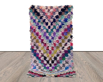 3x6 Morrocan Boucherouite vintage checkered  small runner Rugs, Berber colorful small Rug.