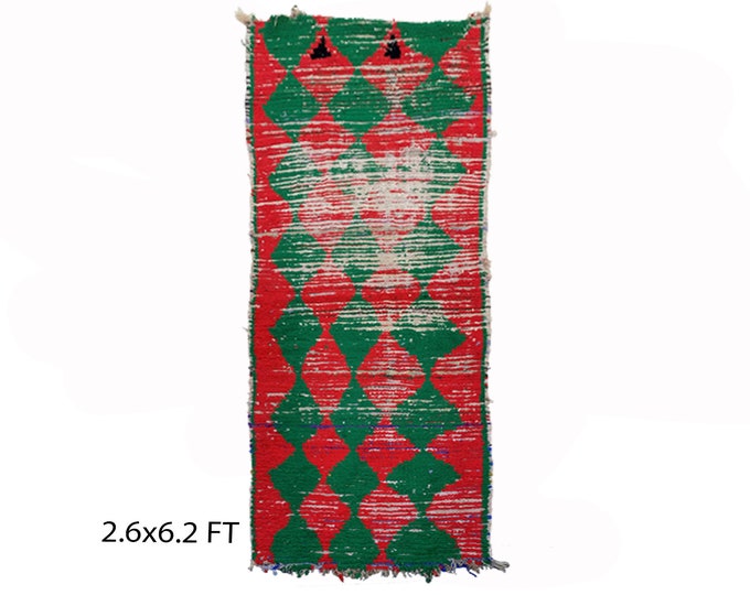 Small diamond area 3x6 rug, green and red vintage rugs.