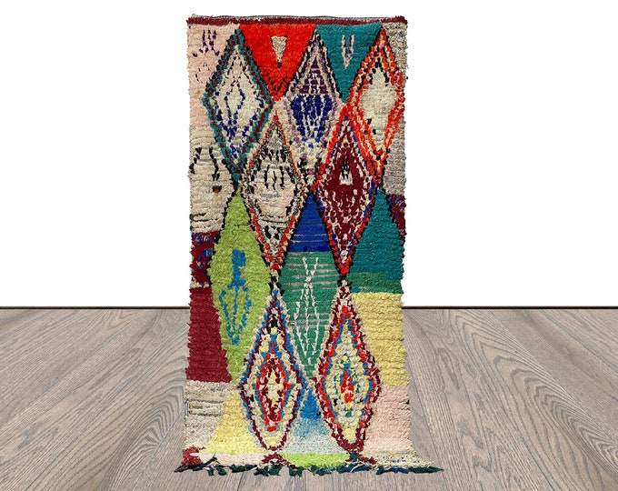 3x6 Vintage Berber Boucherouite Diamond Rugs. Colorful small runner Rug.