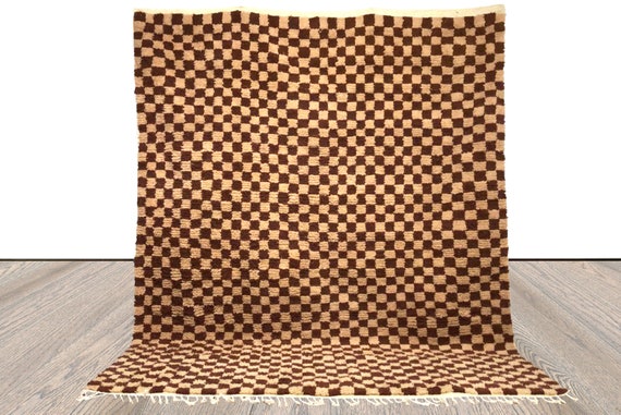 Handmade Moroccan Berber Wool Rug Brown and Cream Checkered