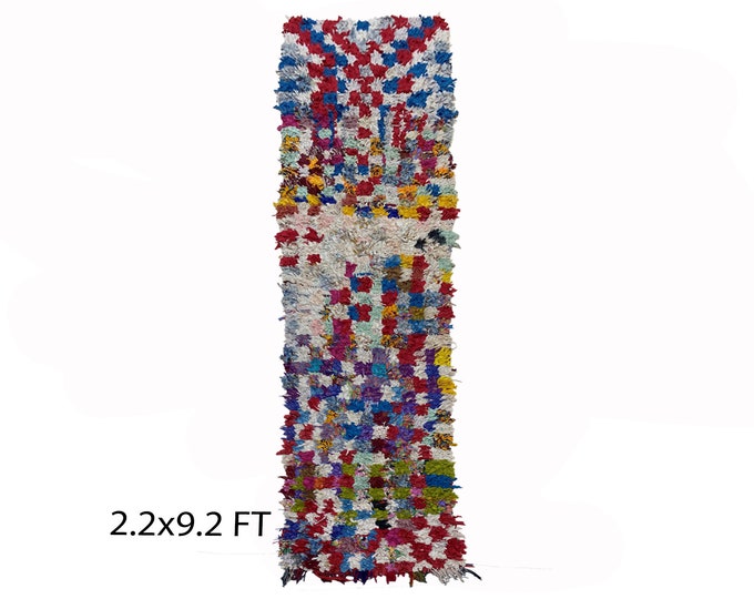 2x9 Long checkered colorful runner rug, Moroccan faded rug runner.