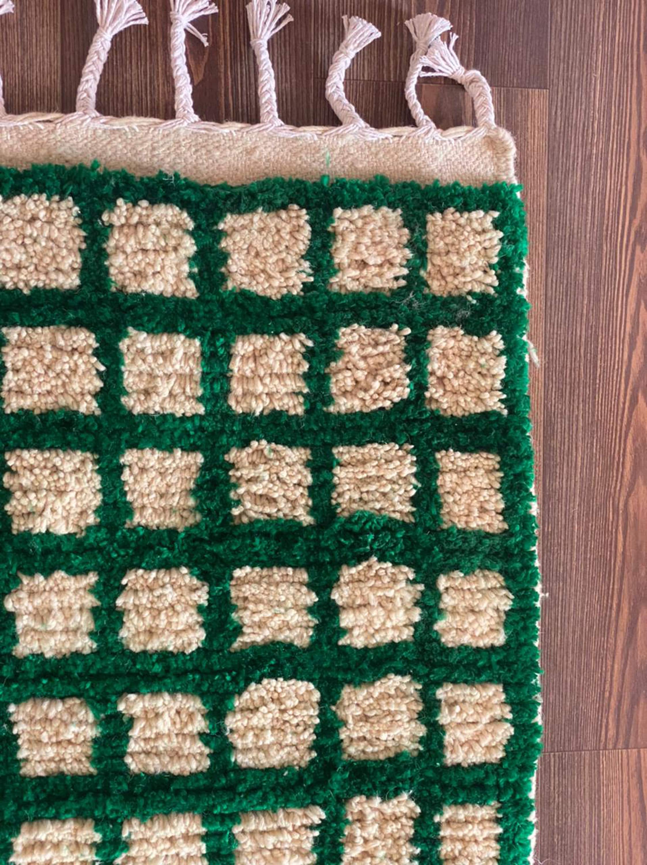 Moroccan Berber Green and Offwhite Grid area rug!