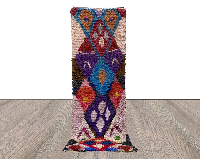 Vintage narrow Boucherouite colorful runner Rugs, Moroccan Diamond colored Shag Rug 3x7.