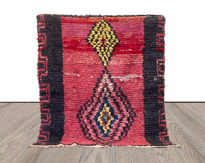 Boucherouite vintage Moroccan handwoven rugs, 5x5 Berber shag Rug.