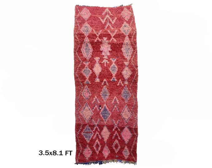 Moroccan red vintage runner rug 3.5x8, Narrow Berber rug runner.