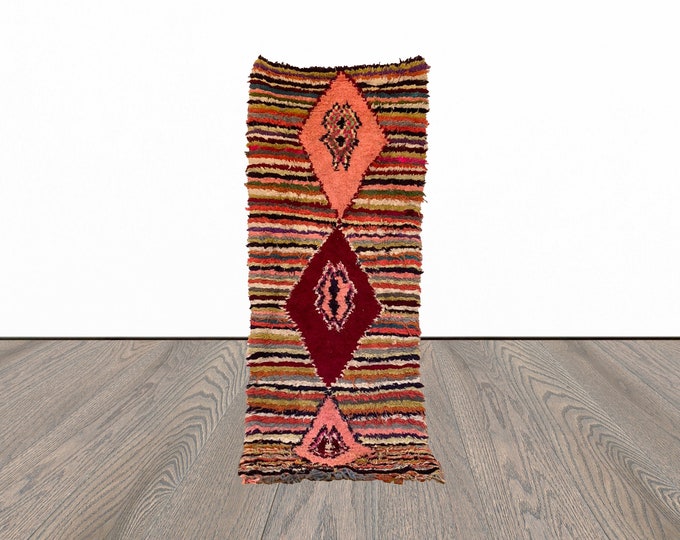 3x7 Striped colorful Berber narrow runner Rug, Vintage Moroccan Rug.