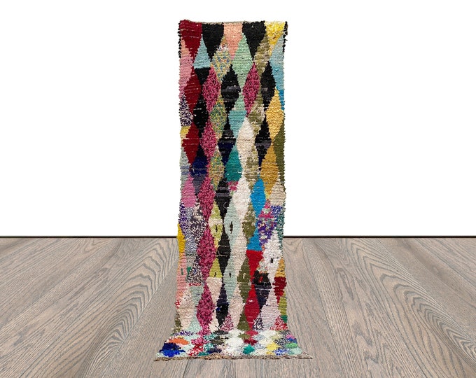 2x10 Hand Woven long Narrow Boucherouite runner Rugs, Moroccan Berber vintage Diamond Colored Rug.