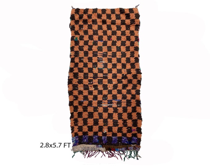 Moroccan Berber Checkered 3x6 Rug, Orange and Black Handwoven Wool rug.