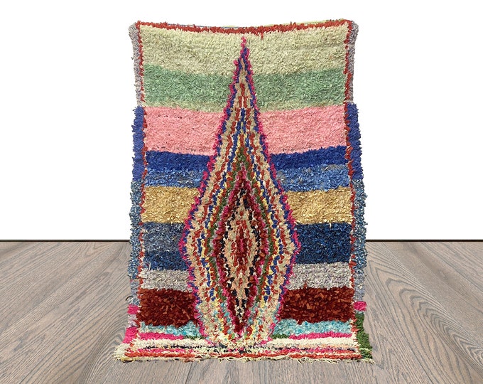 Small area Boucherouite  Rugs, 3x6 Moroccan Berber Hand Woven vintage Shag Rug.