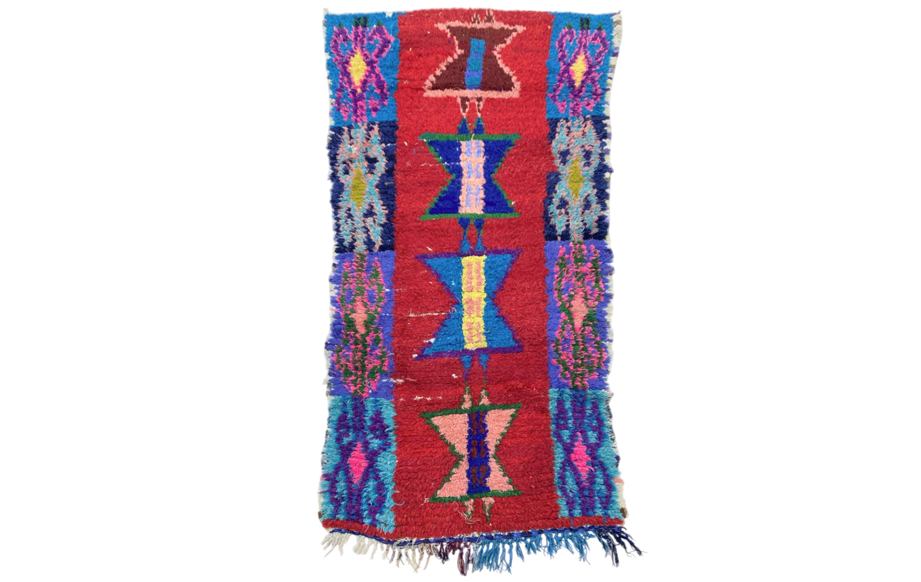 【希少・手織り】モロッコ製 ベルベルラグ／ハンドメイド・未使用 ヴィンテージ モロッコ ベルベルラグ：カラフルな幾何学模様の小