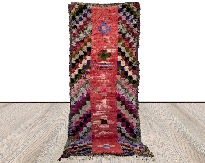 checkered narrow runner rug, 3x7 ft moroccan vintage colorful rug.