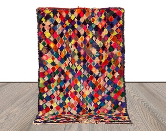 Colorful Diamond Moroccan vintage Berber area Rug. 4x6 worn rugs.